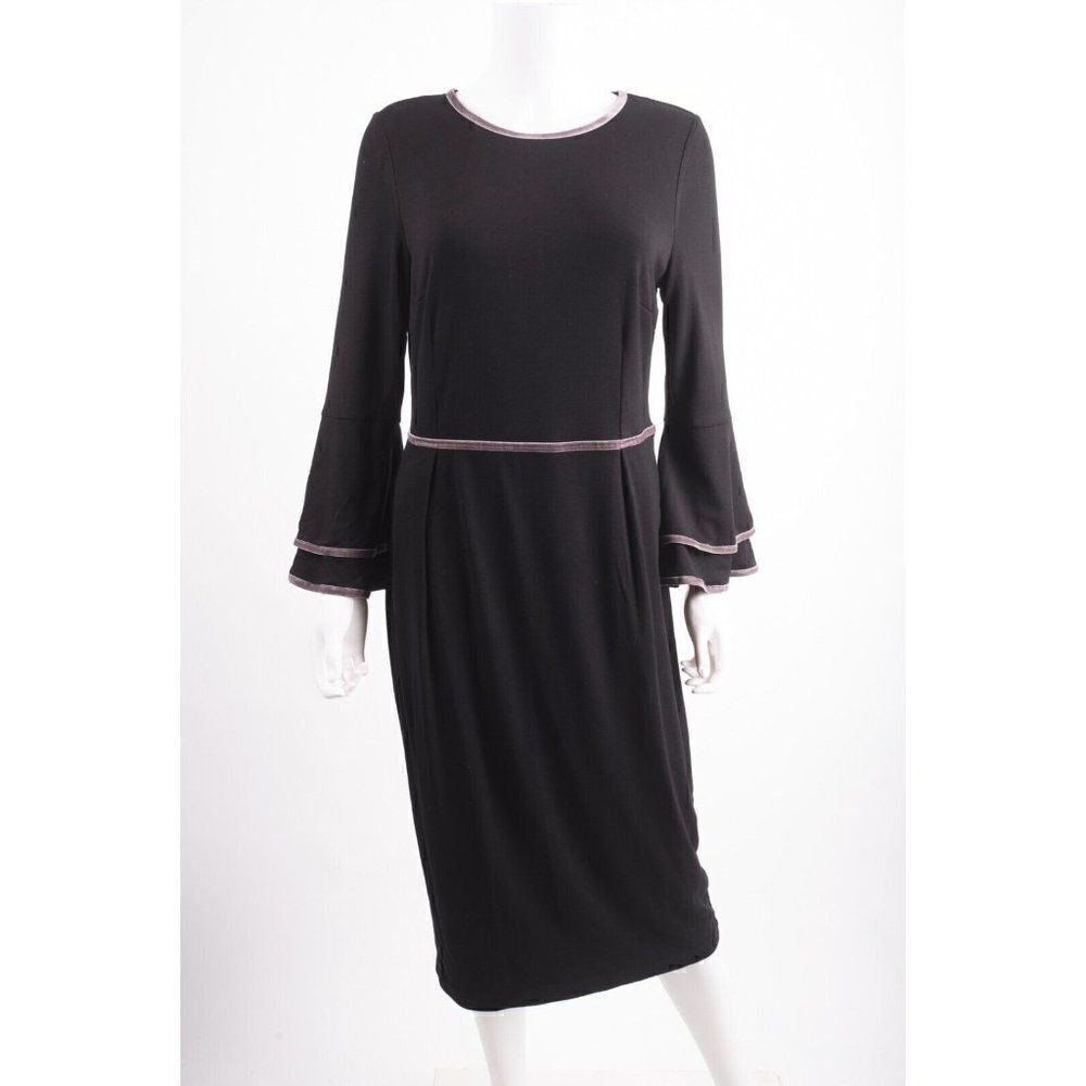 Boden Womans Cora Jersey Dress UK 14 US 10 Black Gray velvet Trim Bell Cuffs NWT